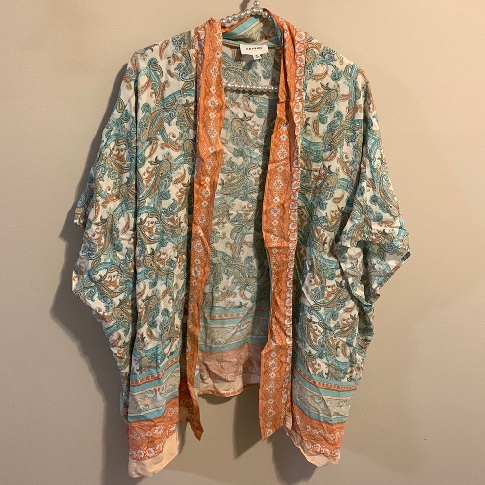 Heyson Paisley Print Kimono Cardigan M 100% Rayon Boho Open Front Cover Up